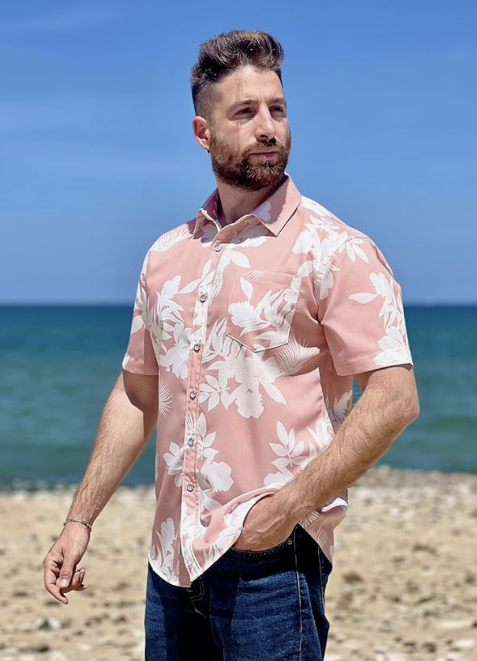 Pink/White Floral Mens Hawaiian Shirts Short Sleeve Casual Button Down Tropical Beach Shirt